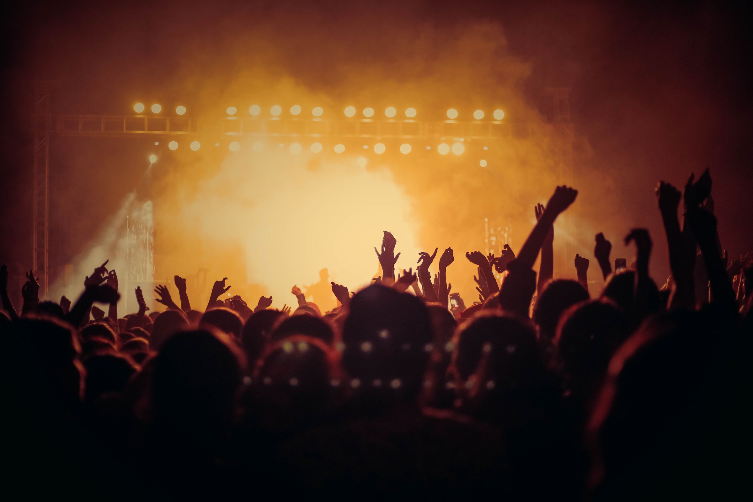 A crowd with hands in the air at a concert: the demand spike your product meets the day it works.